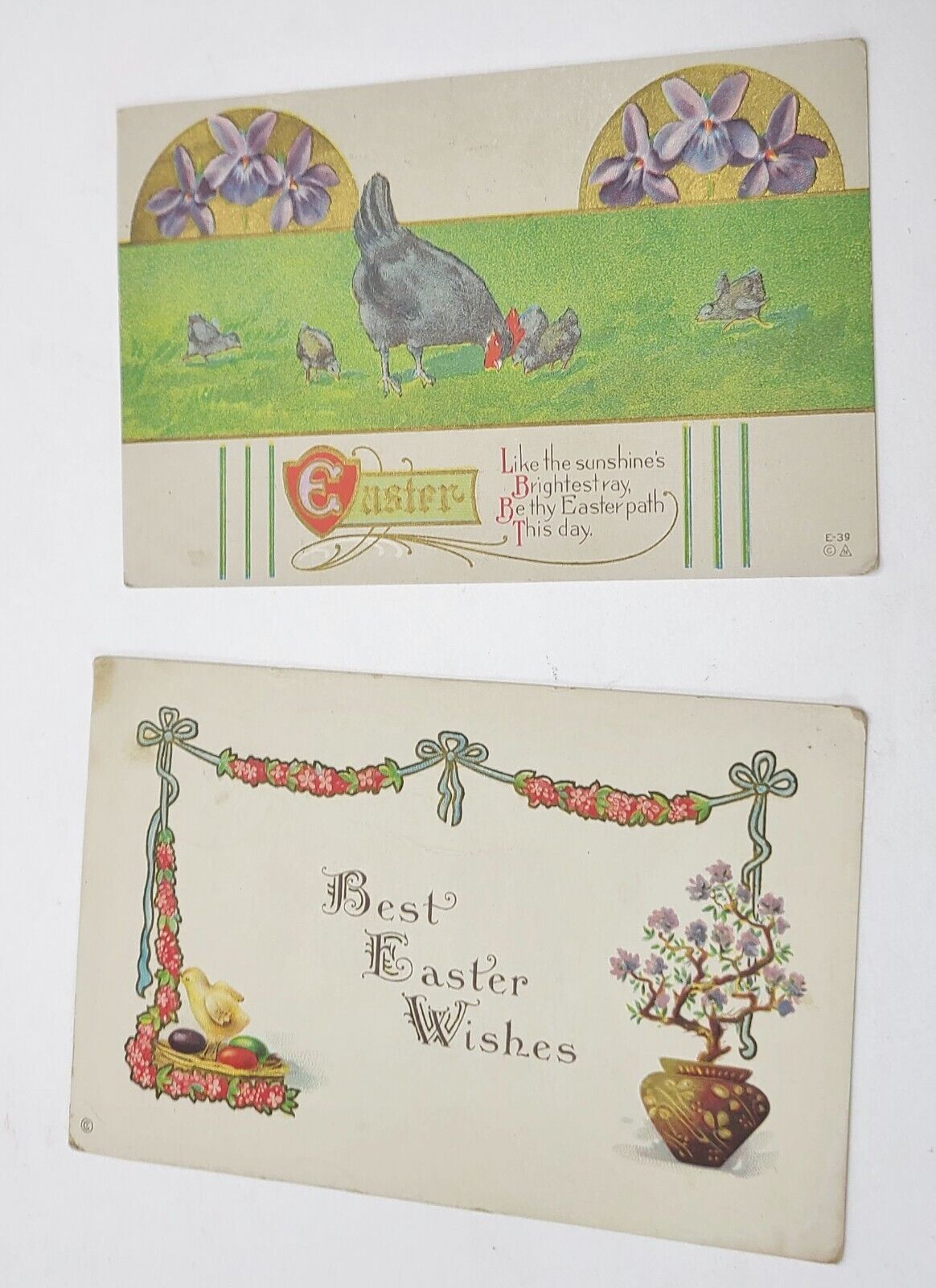 2 Vtg Easter Greetings Postcards Cards Ephemera Embossed Bonsai Chickens Violets