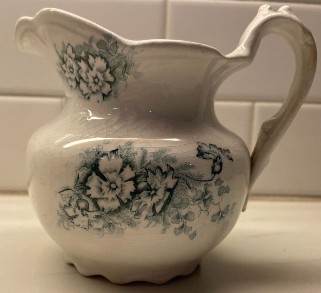 Antique Pitcher or Creamer Porcelain Homer Laughlin white granite green floral