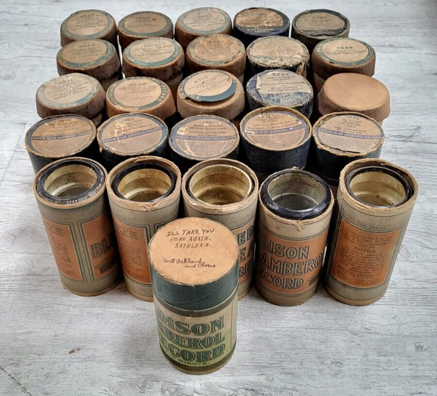 Lot of 26 Antique Edison Blue Amberol Phonograph Cylinder Records w/ Containers