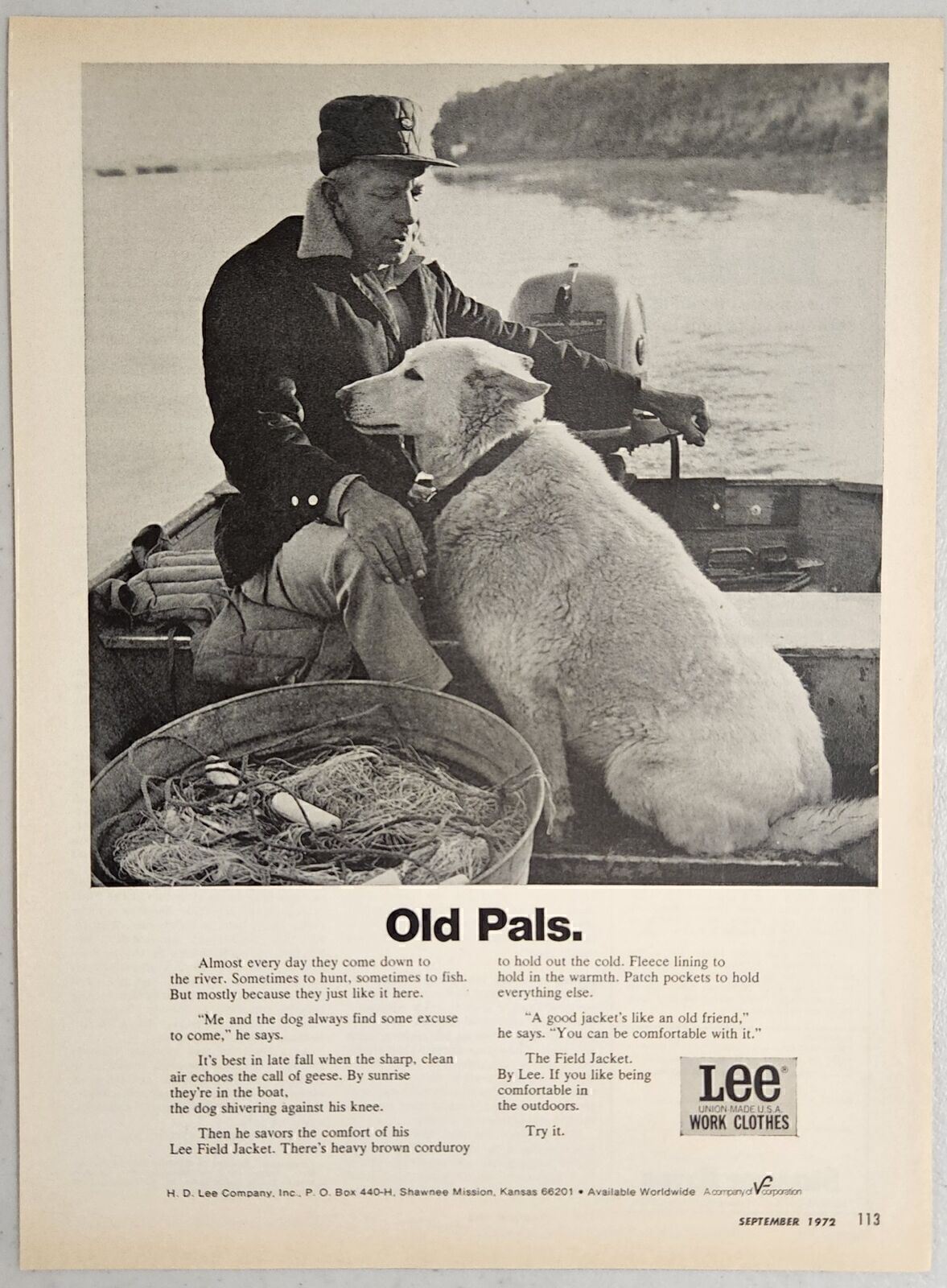 1972 Print Ad Lee Work Clothes Man in Field Jacket & His Dog Shawnee Mission,KS