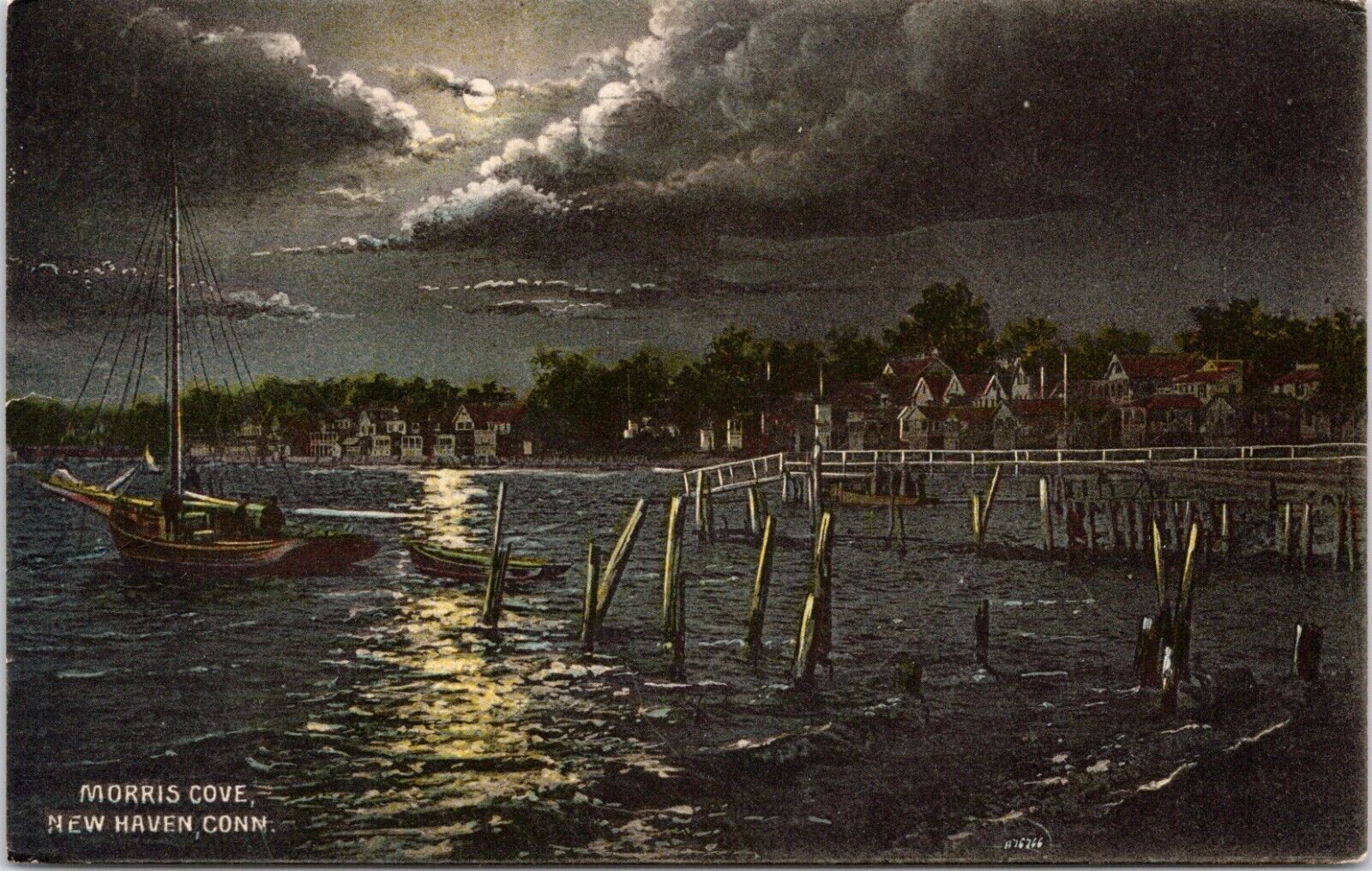 c1910s New Haven CT Morris Cove Full Moon Night View Sail Boat Postcard 464b