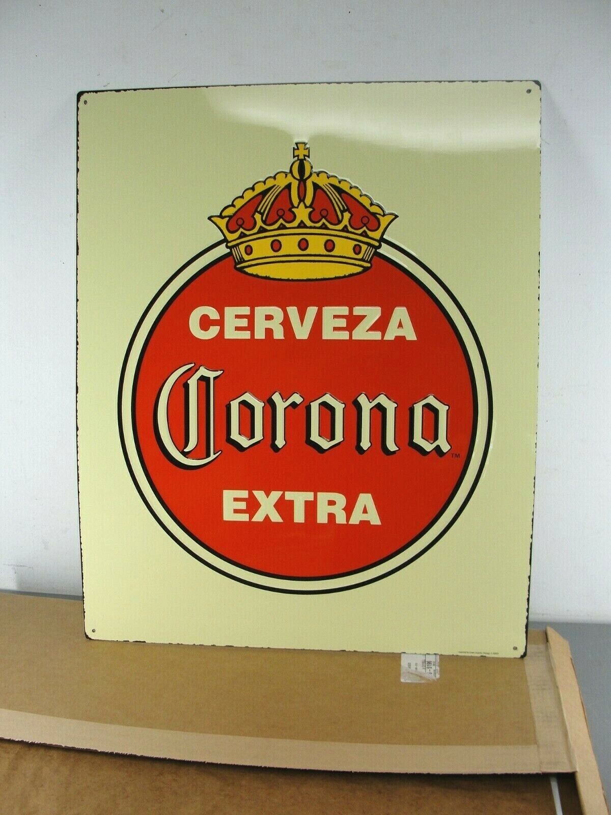 LARGE CORONA EXTRA CERVEZA 👑 METAL TIN BAR BEER SIGN TACKER ANTIQUE STYLE NEW