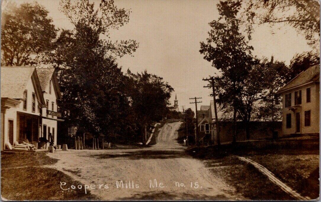 1909, Street View, COOPERS MILLS, Maine Real Photo Postcard