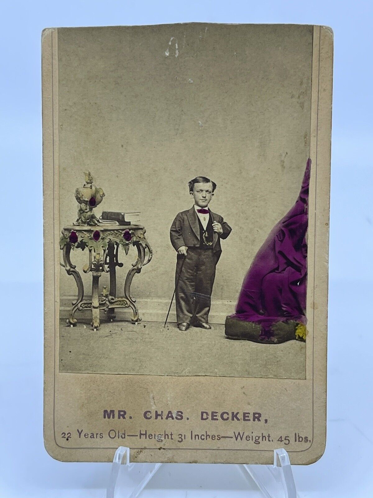 Mr. Charles Chas Decker Circus Performer Antique CDV Photo Hand Colored Midget