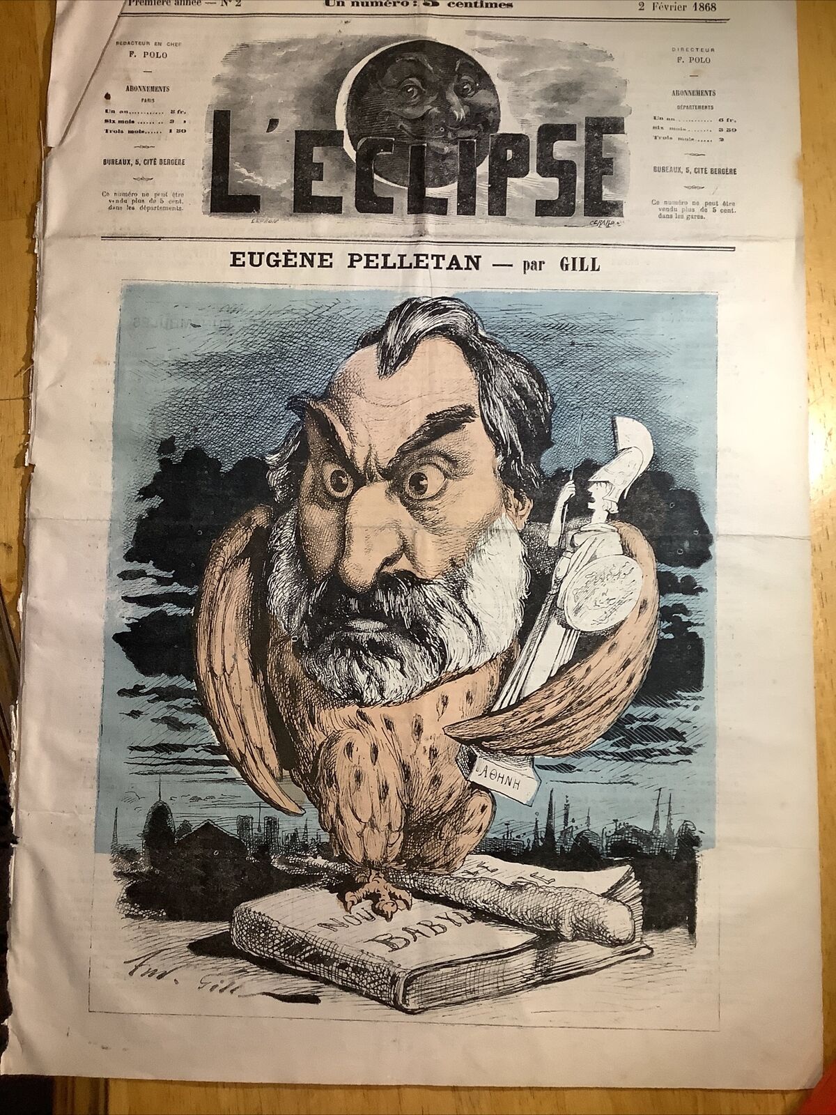 1868 POST CIVIL WAR NEWSPAPER ~ L’ECLIPSE ~ FRENCH CARICATURE ARTIST ANDRE GILL