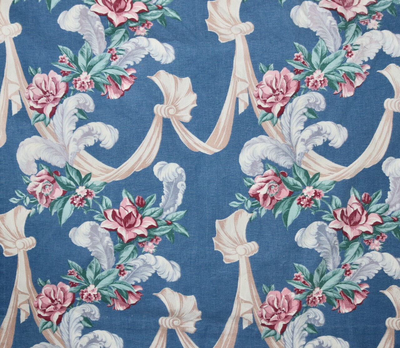 Vintage Barkcloth blue floral curtain damaged for fabric