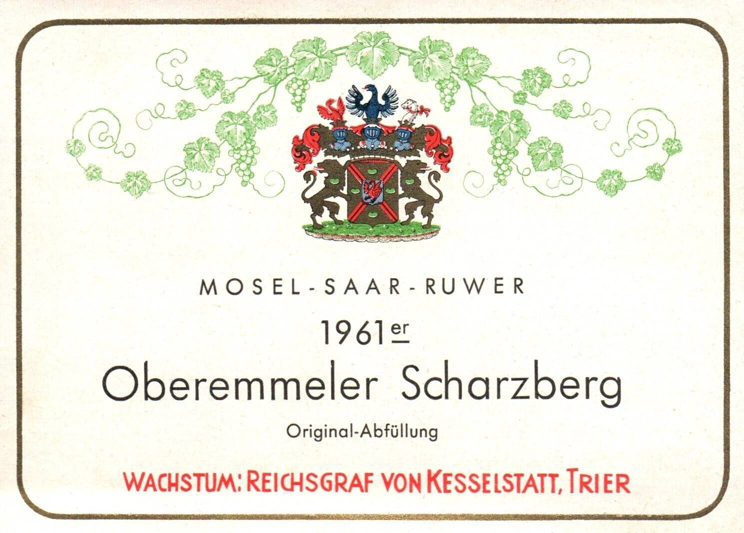 Vintage German Wine Label 1960s 1961er Mosel Oberemmeler Scharzberg