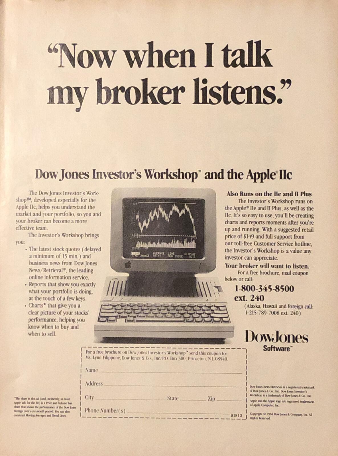 PRINT AD 1984 Dow Jones Investors Workshop Software Apple IIC Stock Market