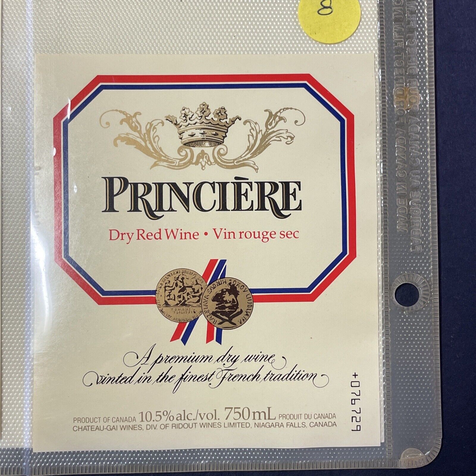 Vintage Chateau-Gai Princiere Dry Red Wine UNUSED Paper Label Q08