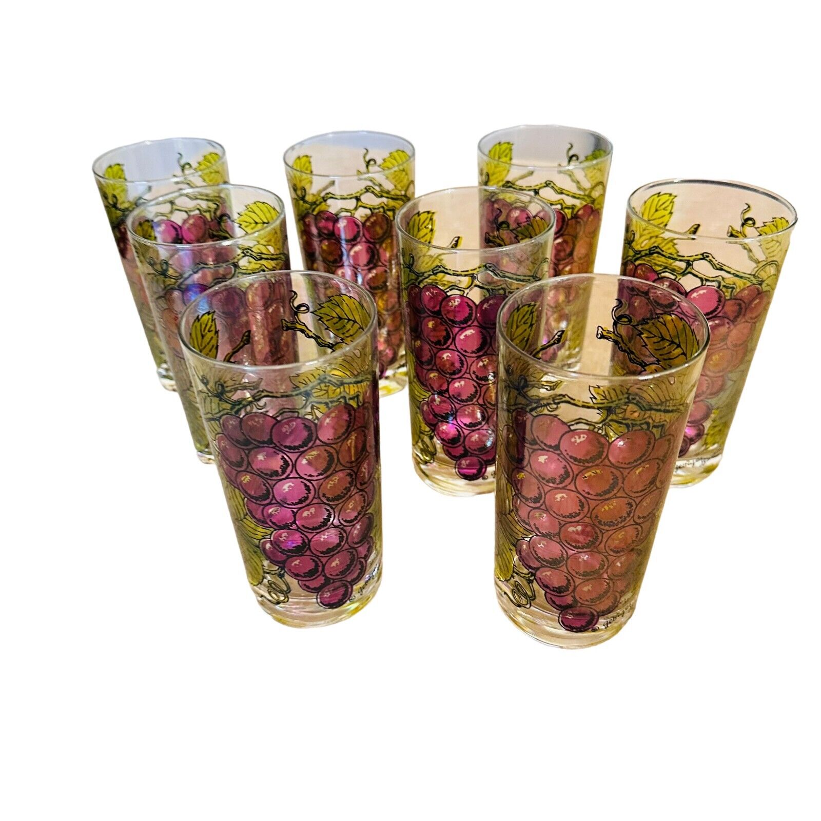 vtg George Briard grapes & vines Highball glasses set / 8 mcm retro barware RARE
