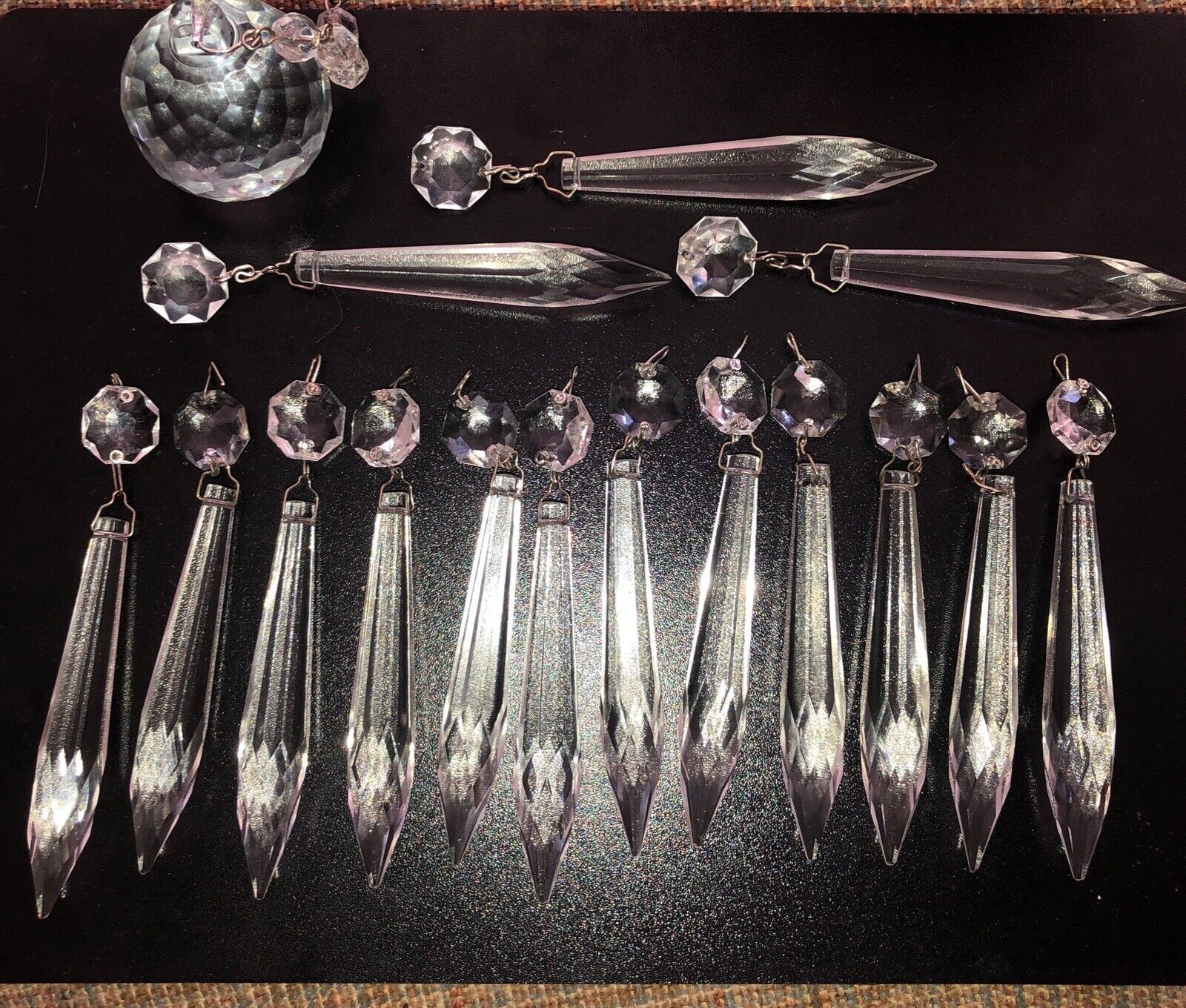 Lot of 15-3” Vintage Faceted Cut Glass Crystal Chandelier Prisms Plus Prism Ball