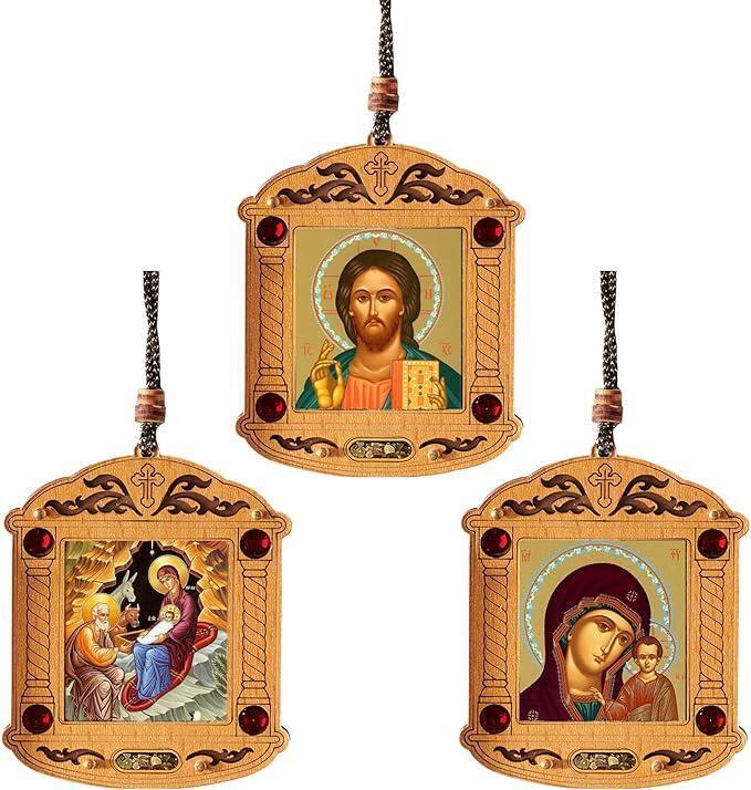 Set of 3 Byzantine Mini Wooden Orthodox Icon Set Pendants with Incense 3 Inch