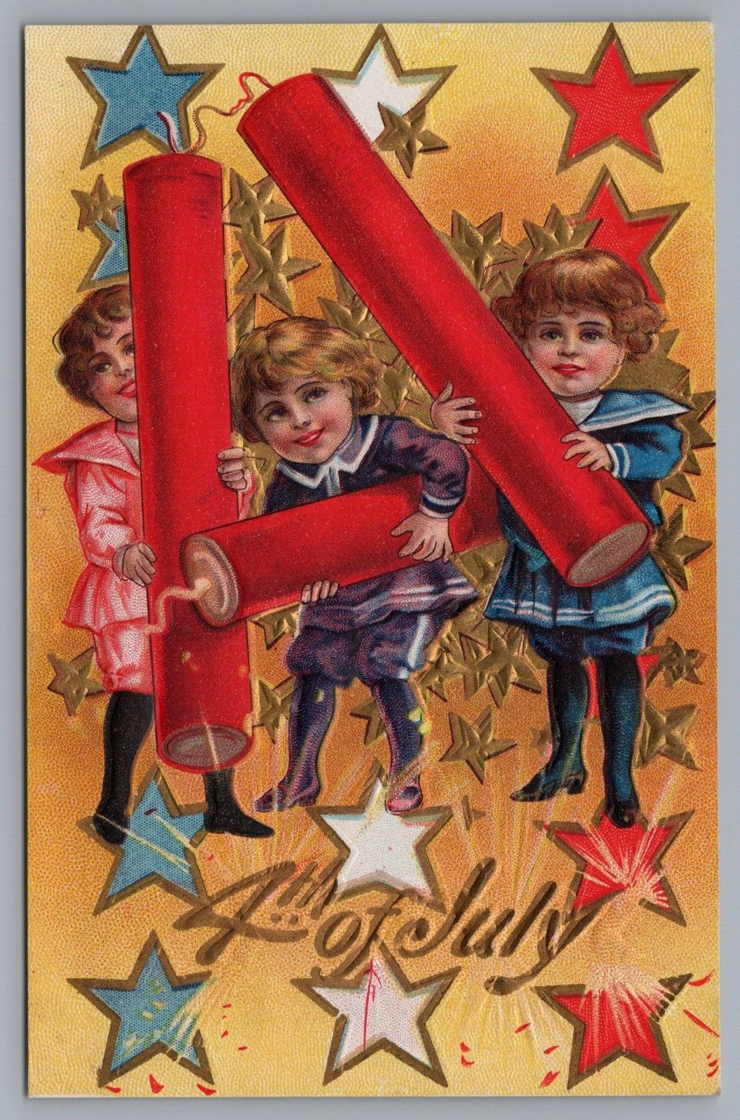 4th Of July Patriotic Children With Large Firecrackers Stars Embossed Postcard
