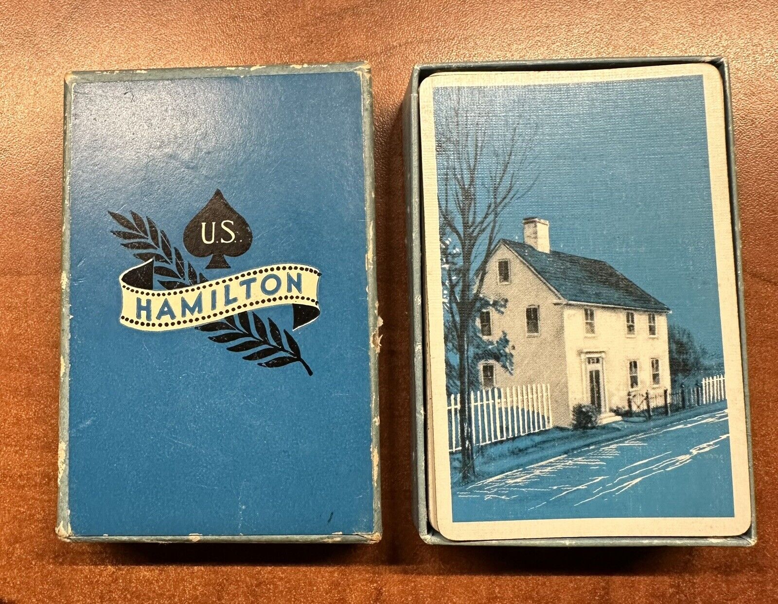 Hamilton Playing Cards Vintage Blue With Colonial House Full Deck With Jokers