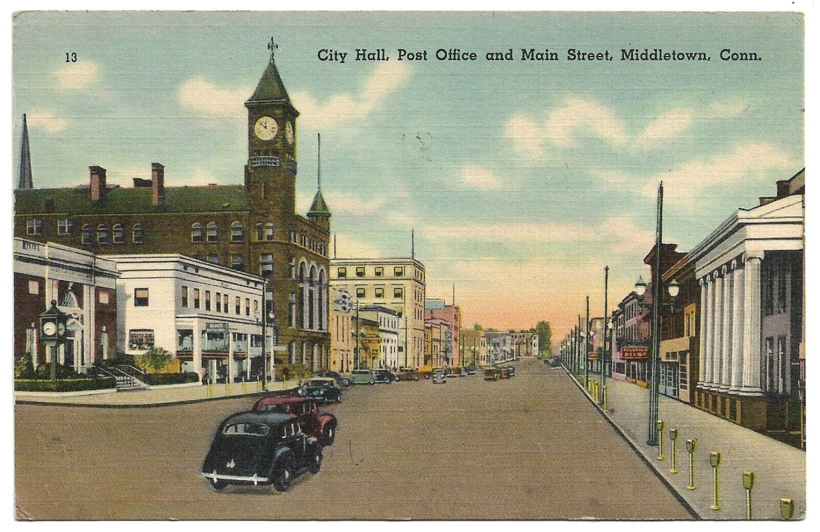 Middletown CT Main Street View City Hall Post Office Classic Car 1945 Postcard