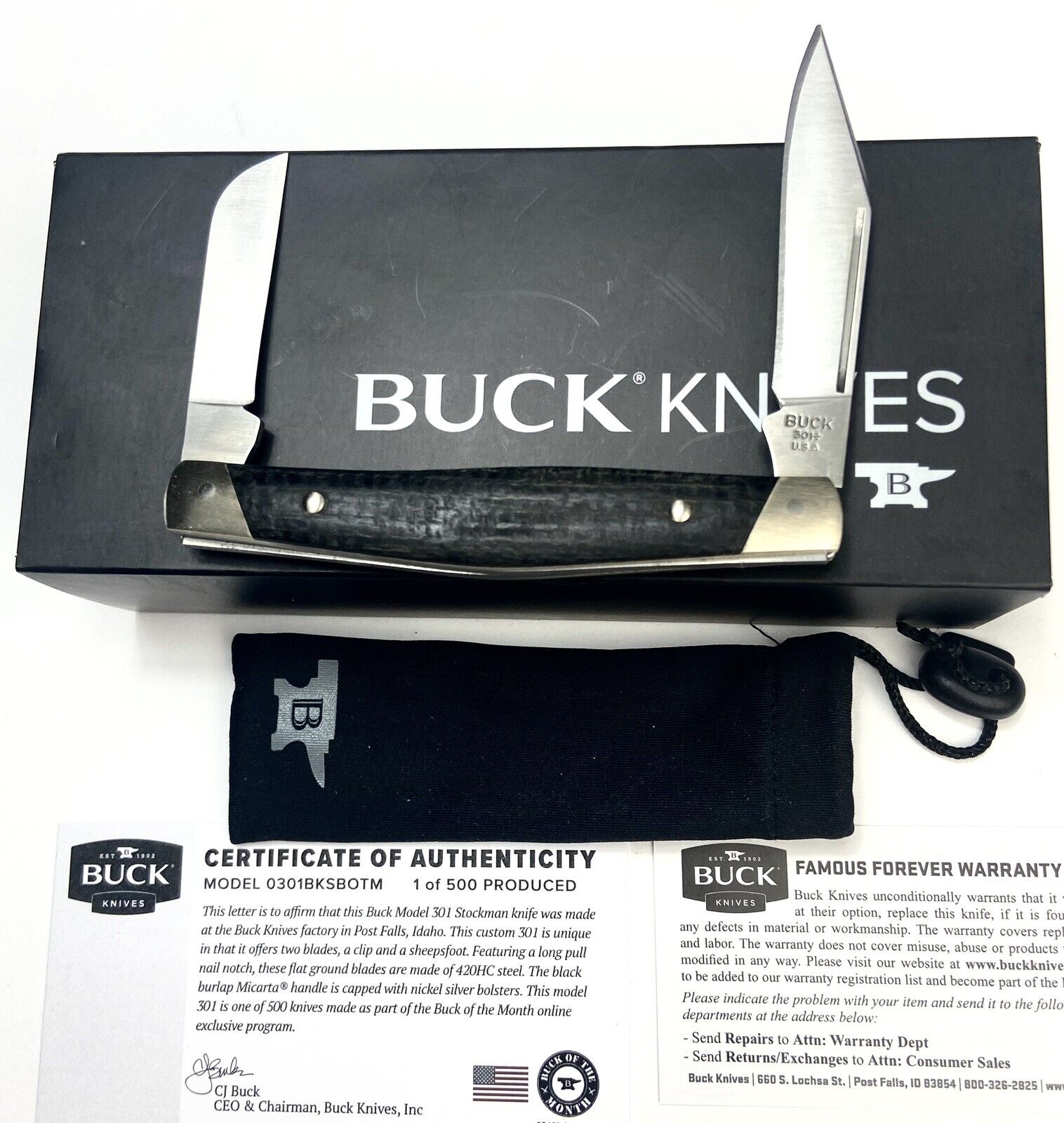 Buck Knives 301 Stockman Buck of The Month Sept. 2021, Black Burlap, 1/500, NIB