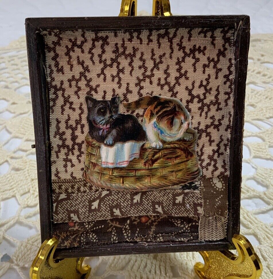 Vintage Antique Victorian Die Cut Ephemera Framed, Half Union Case, Kitty Cats