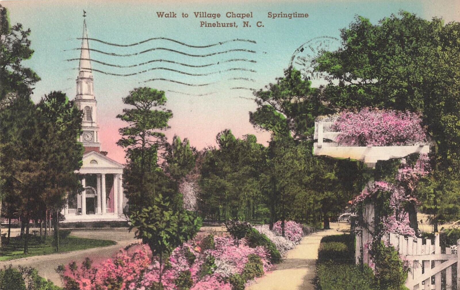 Pinehurst North Carolina Postcard  Walk Village Chapel Handcolored  1941   H3*