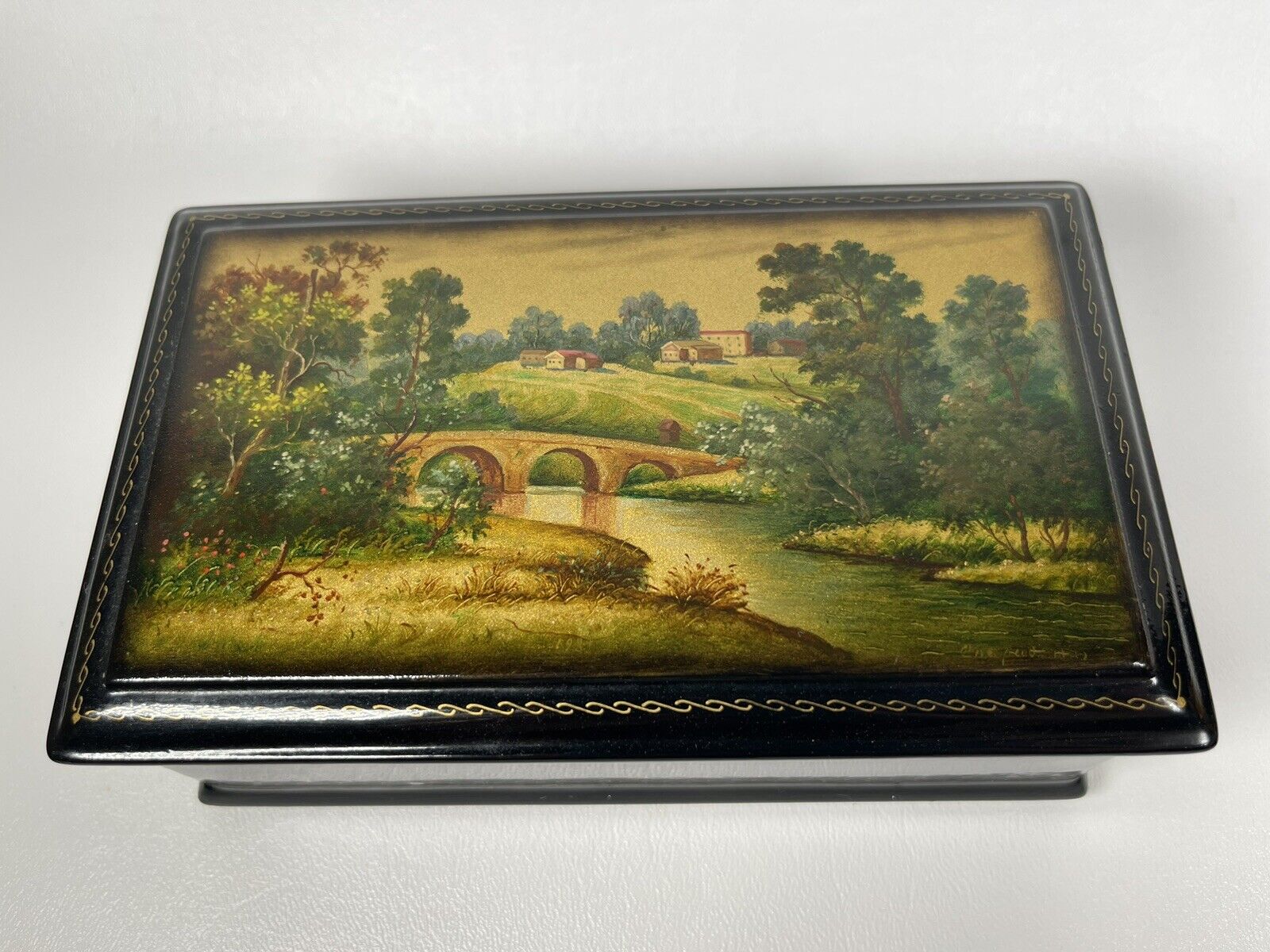 Vintage Black Lacquer Hand Painted Russian Box, Hinged, Made In USSR