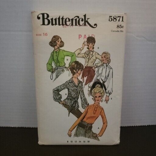 UNCUT 1960’s Butterick 5871 Misses Blouses 5 Styles 16 Vintage Sewing Pattern