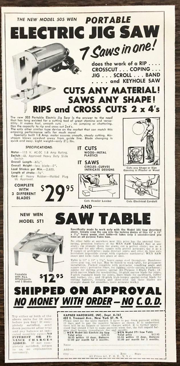 1956 Kapner Hardware Inc NYC Print Ad 505 WEN Portable Jig Saw WEN 5T1 Saw Table