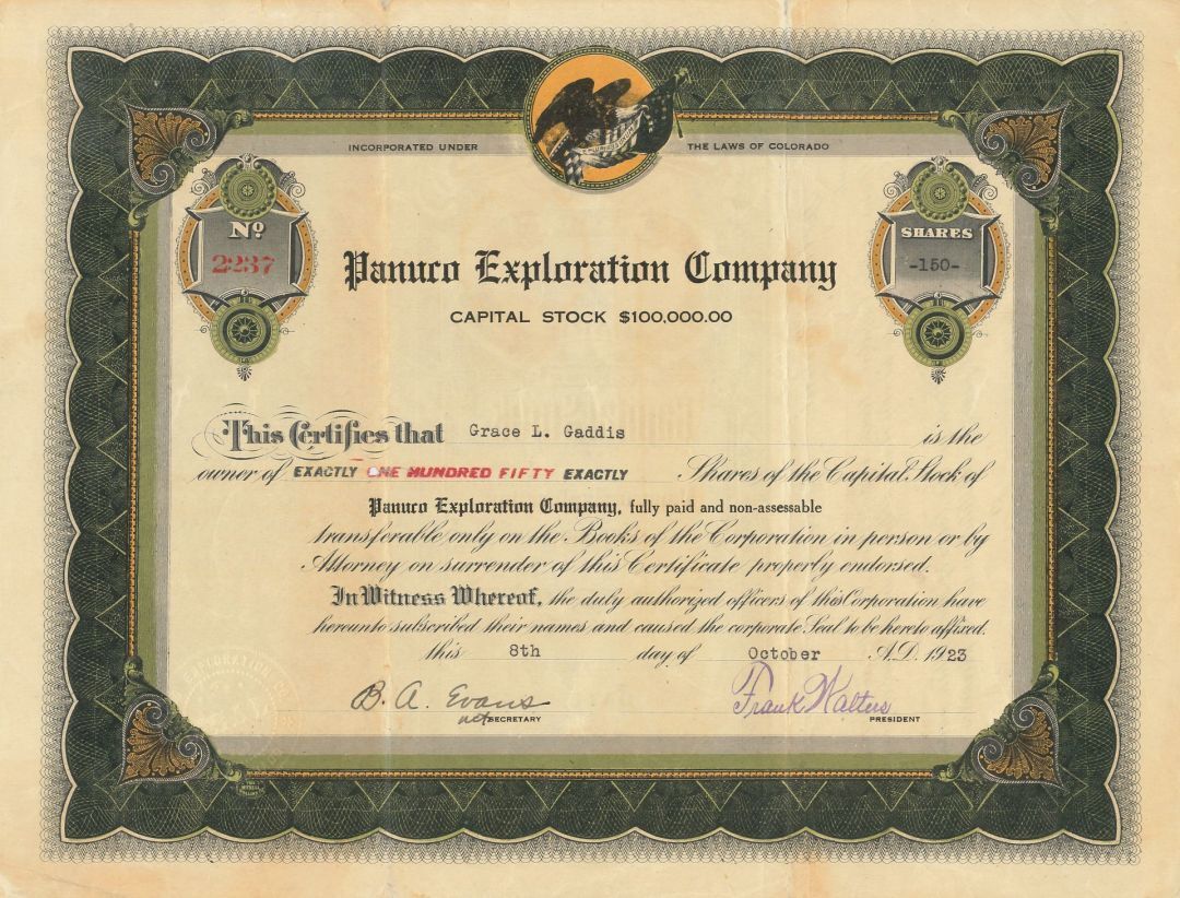 Panuco Exploration Co. - 1923 dated Oil Stock Certificate - Oil Stocks and Bonds