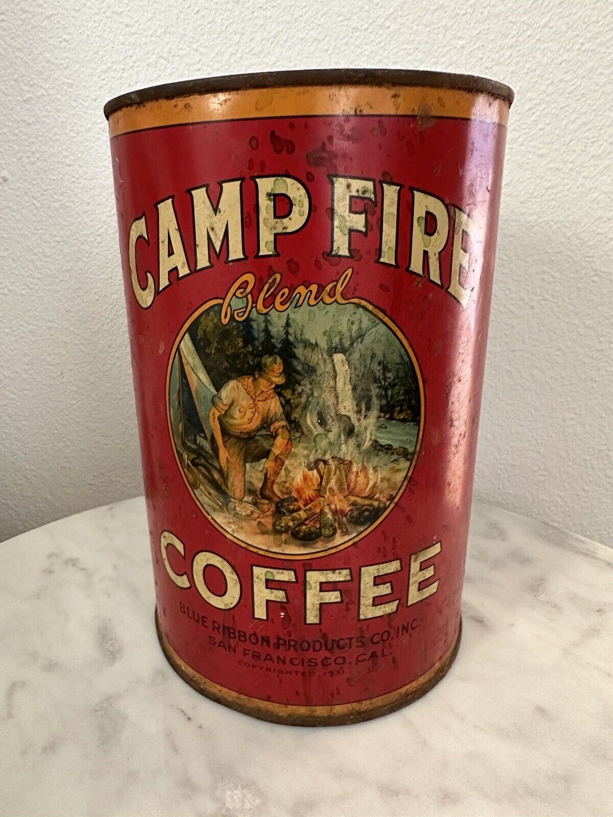 1931 RARE Vintage Camp Fire Coffee Tin Can Blue Ribbon San Francisco