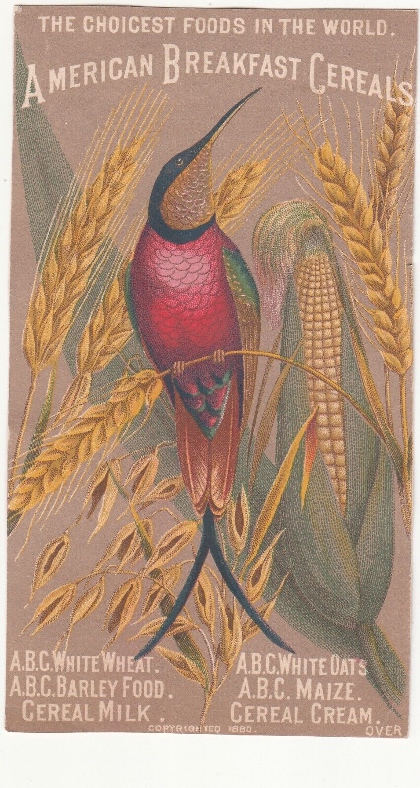 American Breakfast Cereals Red Exotic Bird Corn Wheat ABC Vict Card c1880s