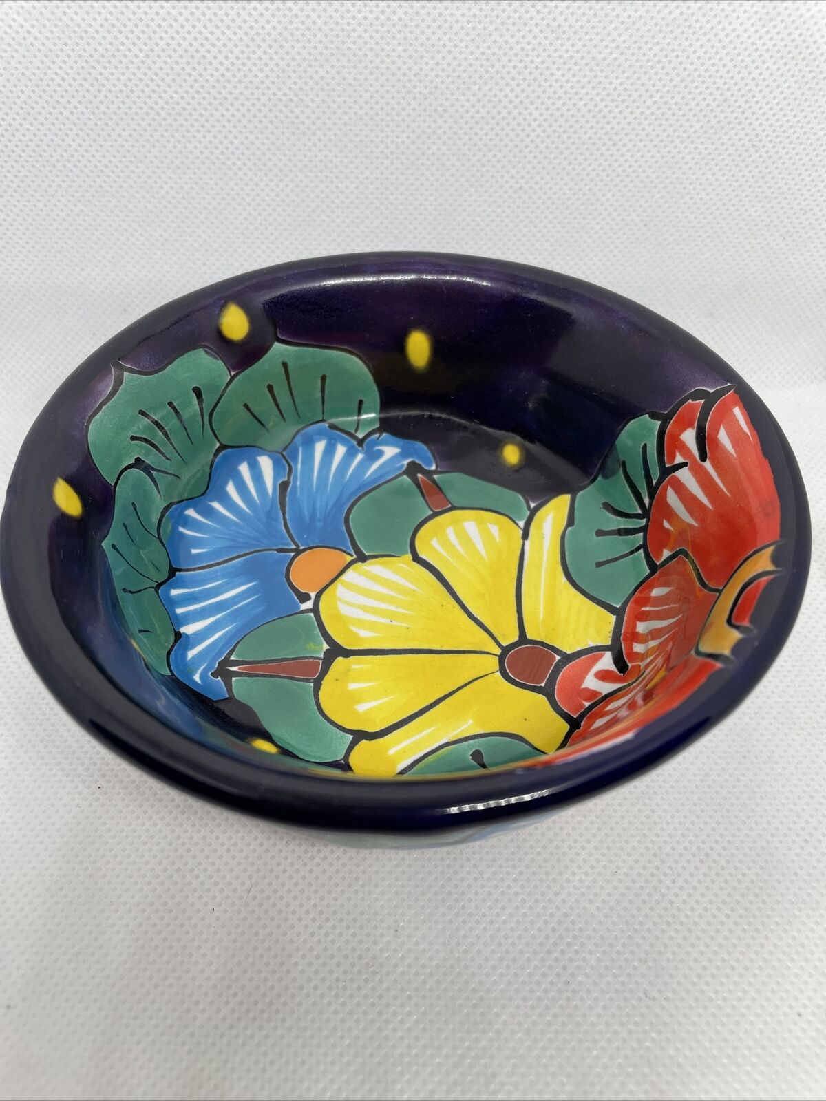 Colorful Flowers Hand Painted Mexican Pottery Salsa Sauce/Dip Ripple Rim Bowl