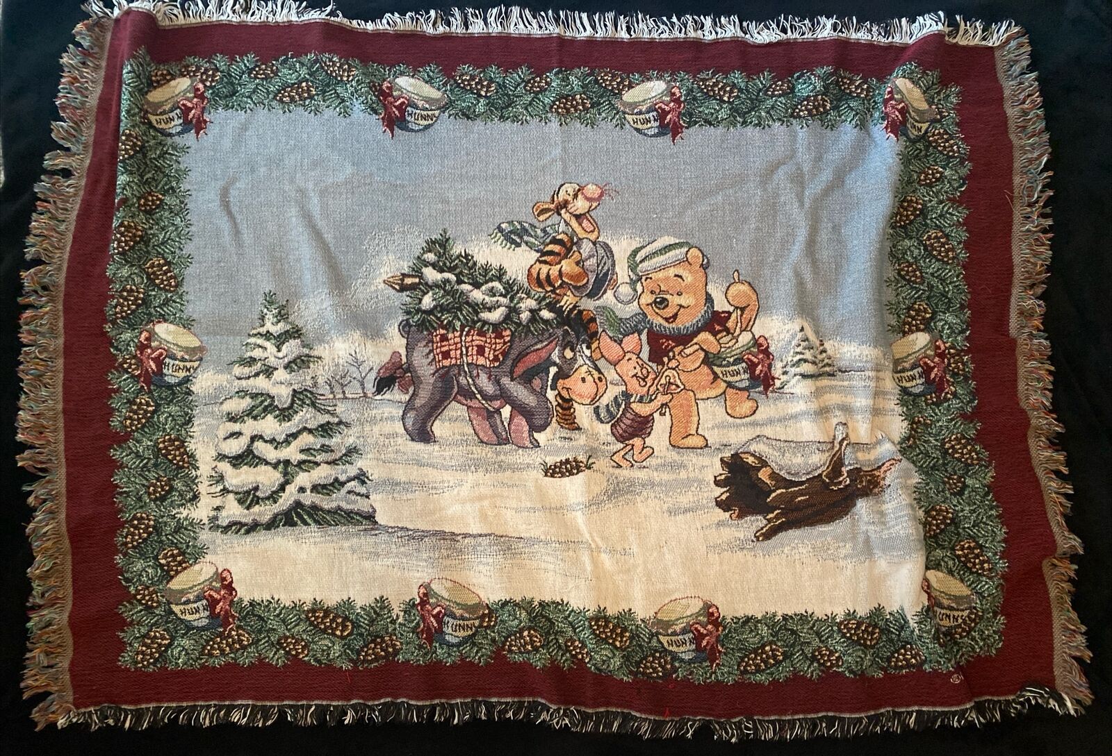 Vintage Disney Winnie the Pooh Christmas Holiday Tapestry Throw Blanket 42”x61”