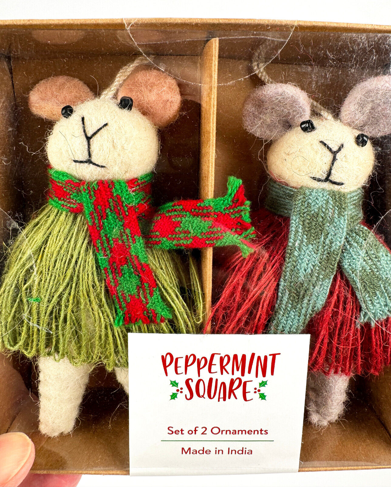 Peppermint Square Felted Wool Mice w/Scarves Hanging Ornaments Set of 2 NIB
