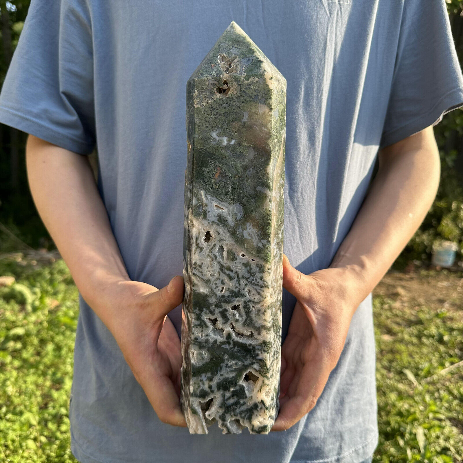 7.01lb Natural Moss Agate Geode Quartz Obelisk Crystal Energy Tower Reiki Decor