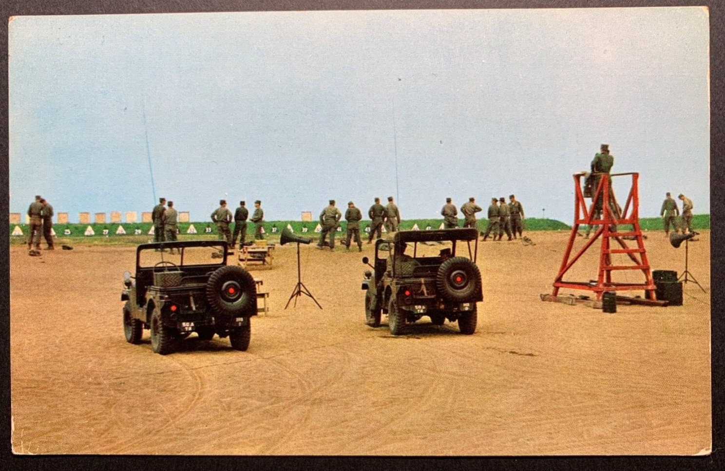 Postcard Camp Drum NY - Soldiers at Rifle Range Jeeps US Army Base