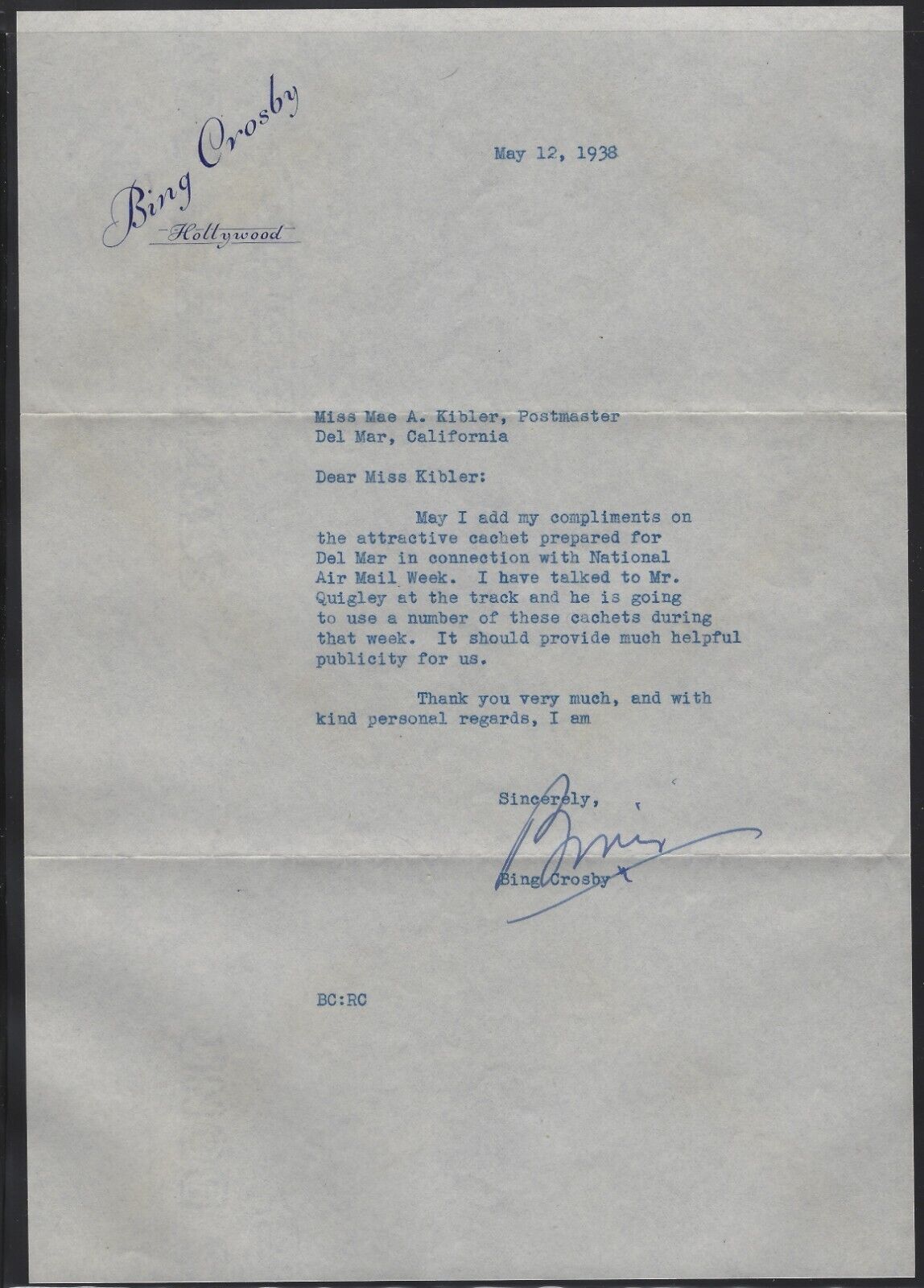 1938 Bing Crosby TLS Autograph - On Letterhead - National Air Mail Week (LF-195)