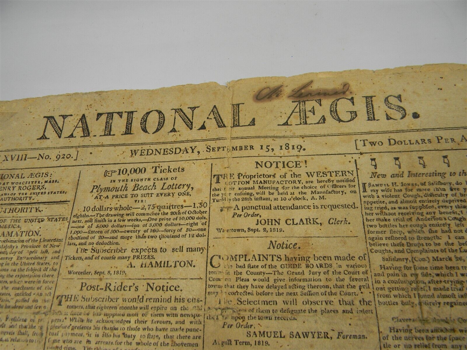 Sept. 15 , 1819 National Aegis Newspaper Mass. - 11C3