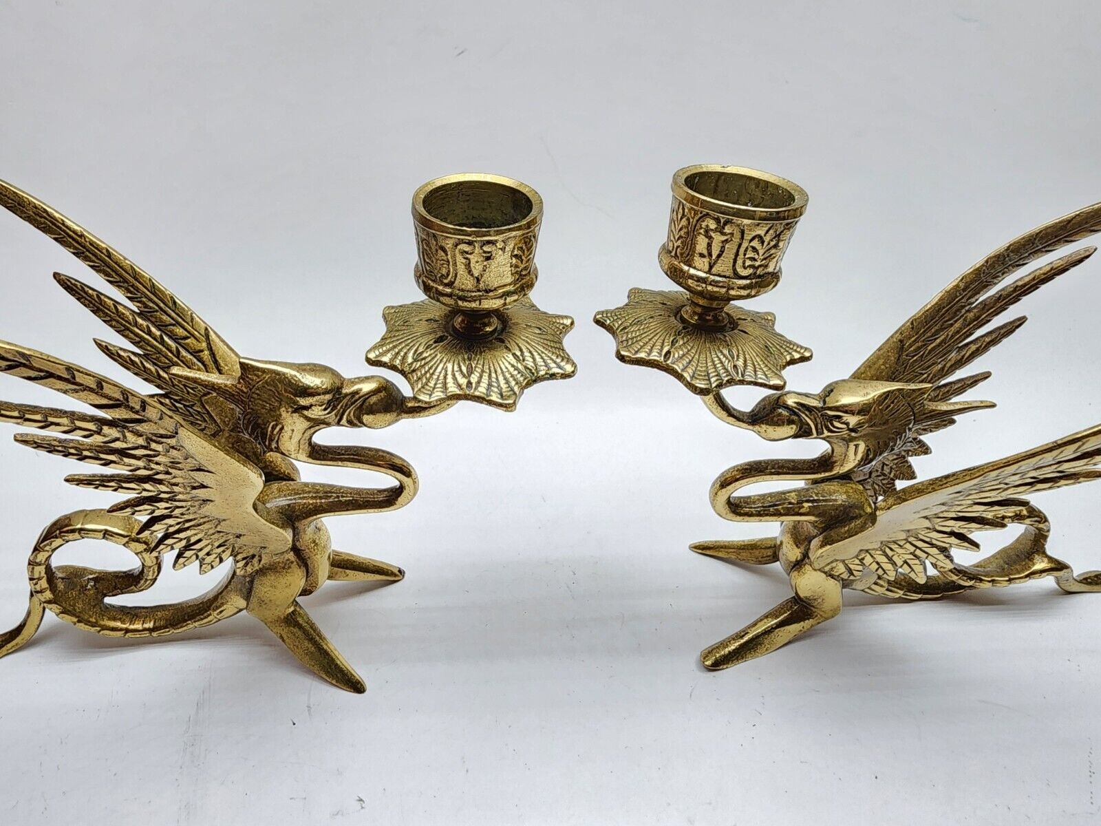 Solid Brass Phoenix Dragon Candle Holders Griffin / Dragon Antique Vintage Pair