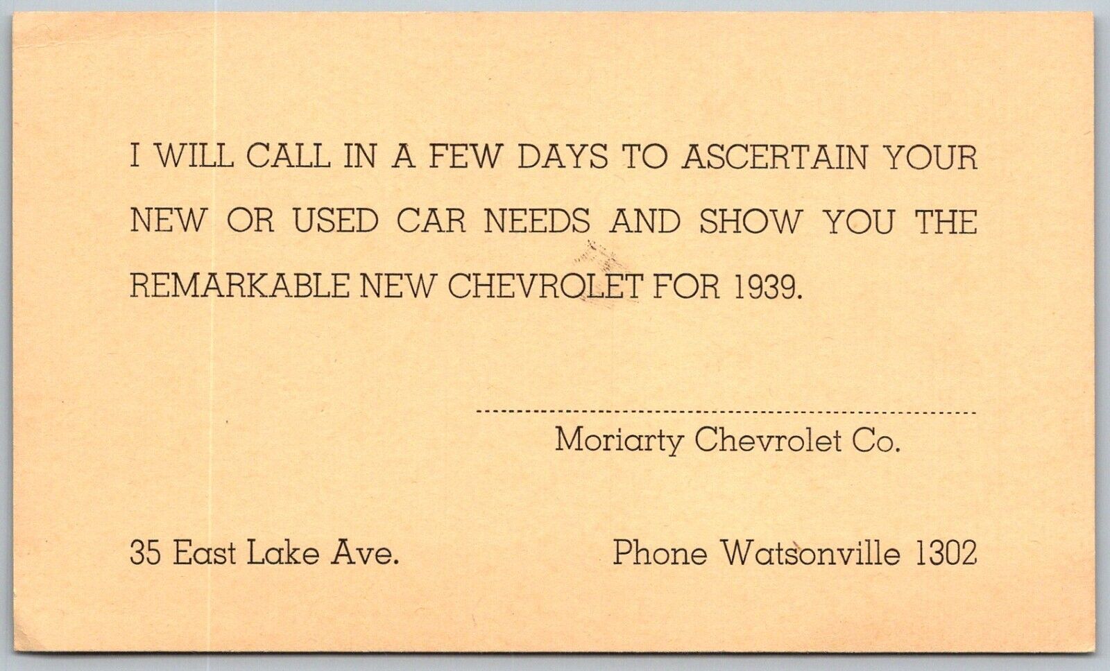 Watsonville California 1939 Ad Postcard Moriarty Chevrolet Car Dealership