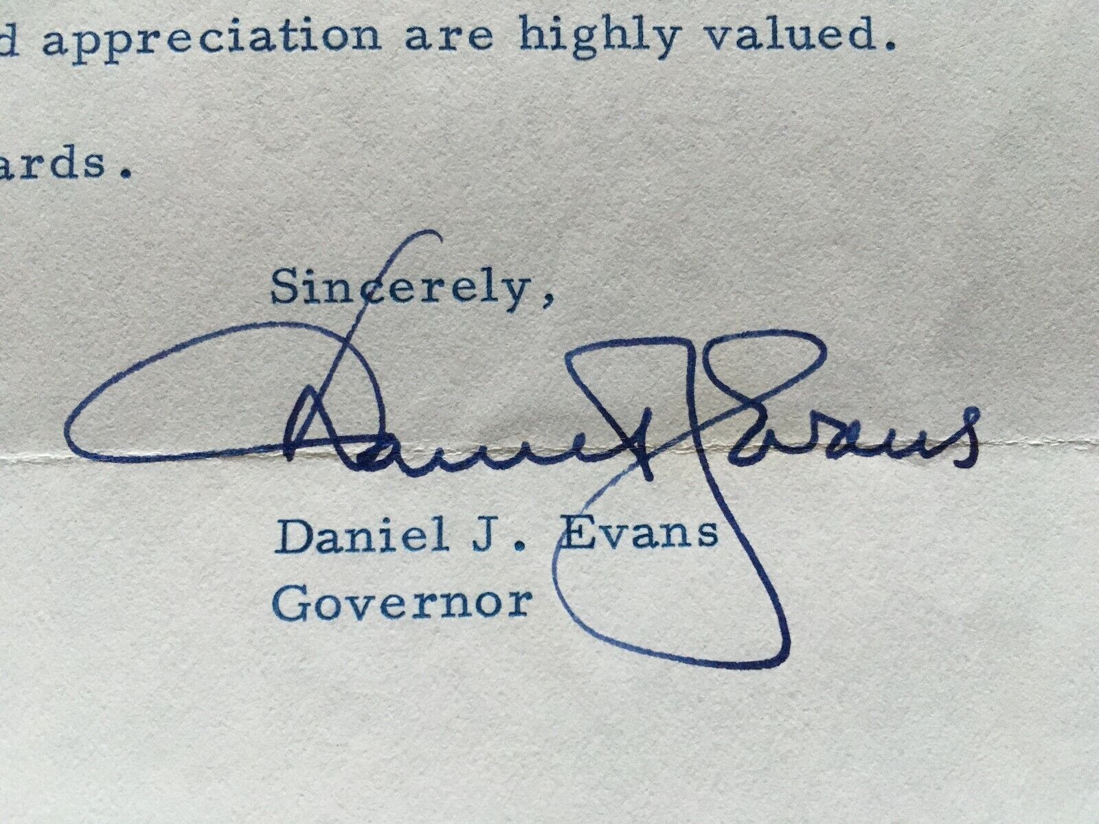 Daniel J. EVANS RARE Autographed letter by former Washington State GOVERNOR 1970