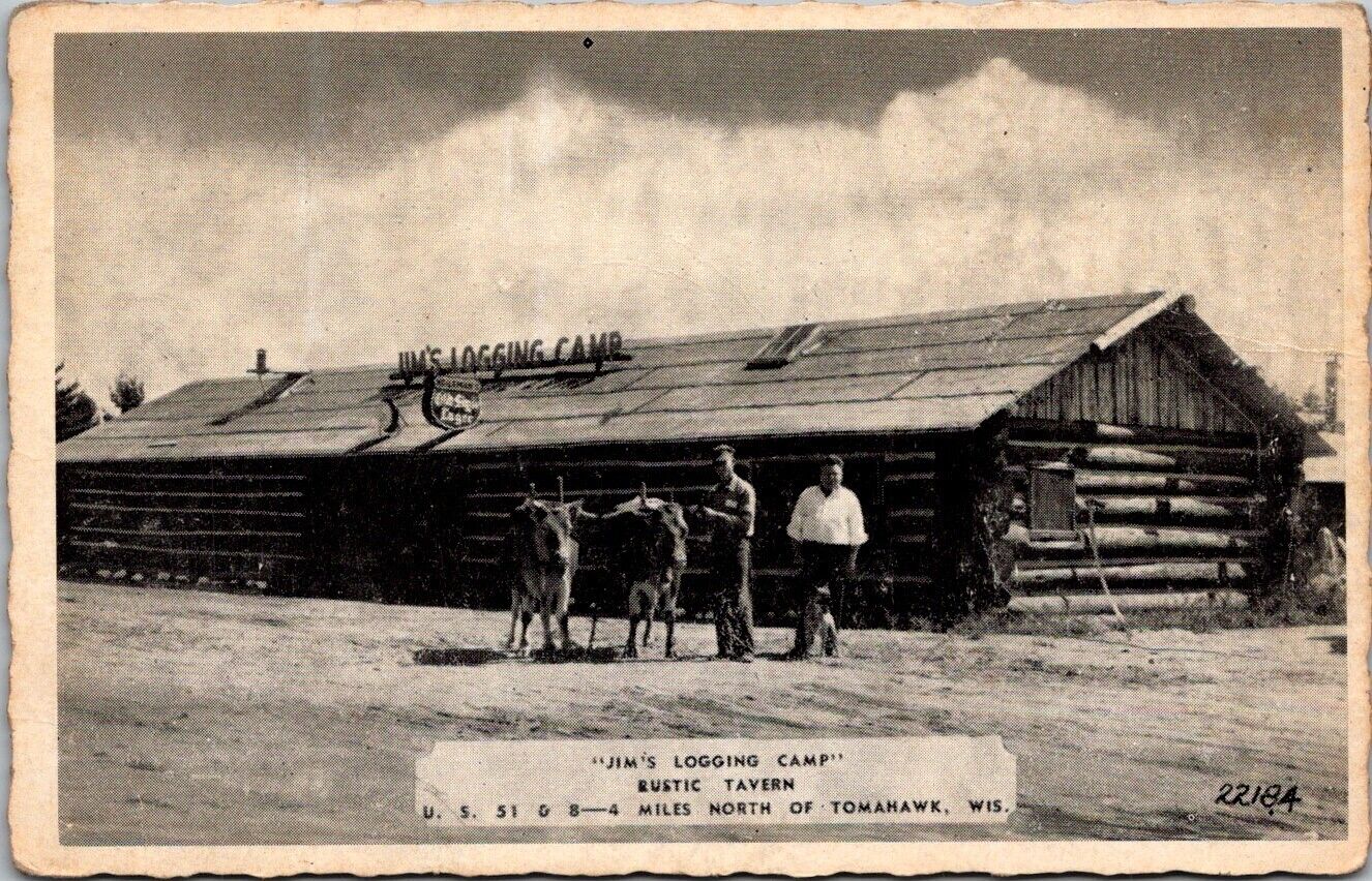 RARE Tomahawk Wisconsin Jim\'s Logging Camp Rustic Tavern Photo Postcard UNP 