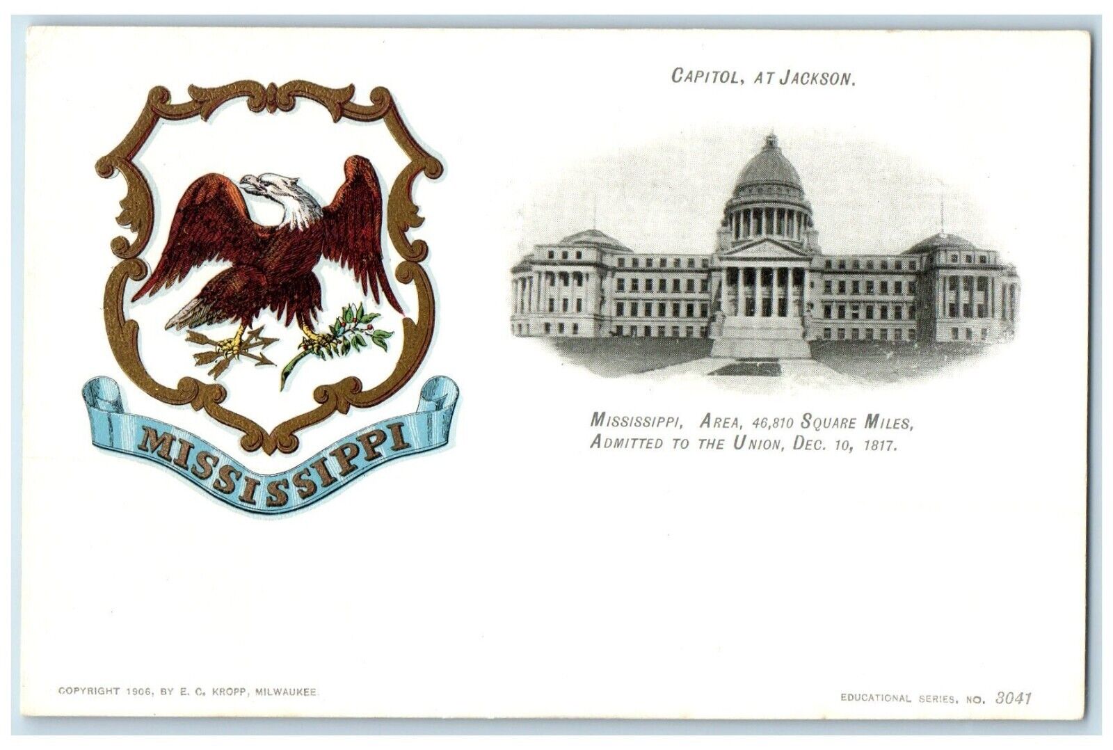 c1905 Square Miles Admitted Union Exterior Capitol Jackson Mississippi Postcard