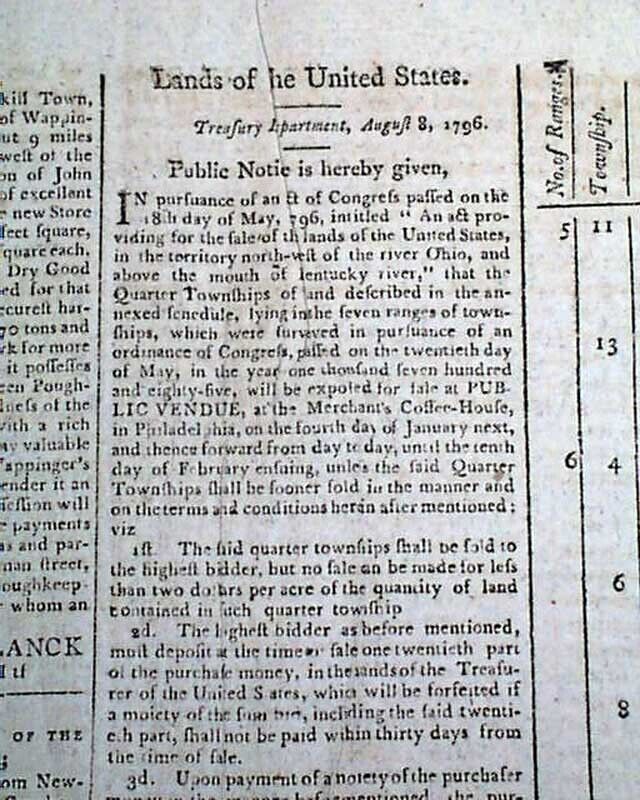 NORTHWEST TERRITORY Ohio River Land Sale George Washington Era 1797 Newspaper 