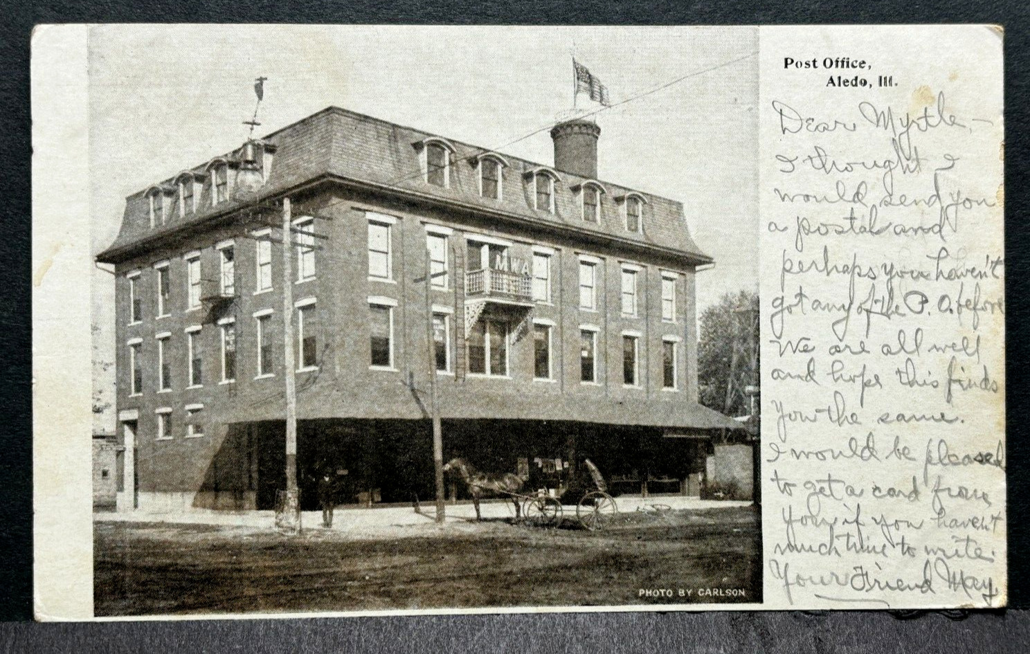 RPPC Postcard Post Mercer Building ALEDO IL Illinois Real Photo Postcard 1907 ps