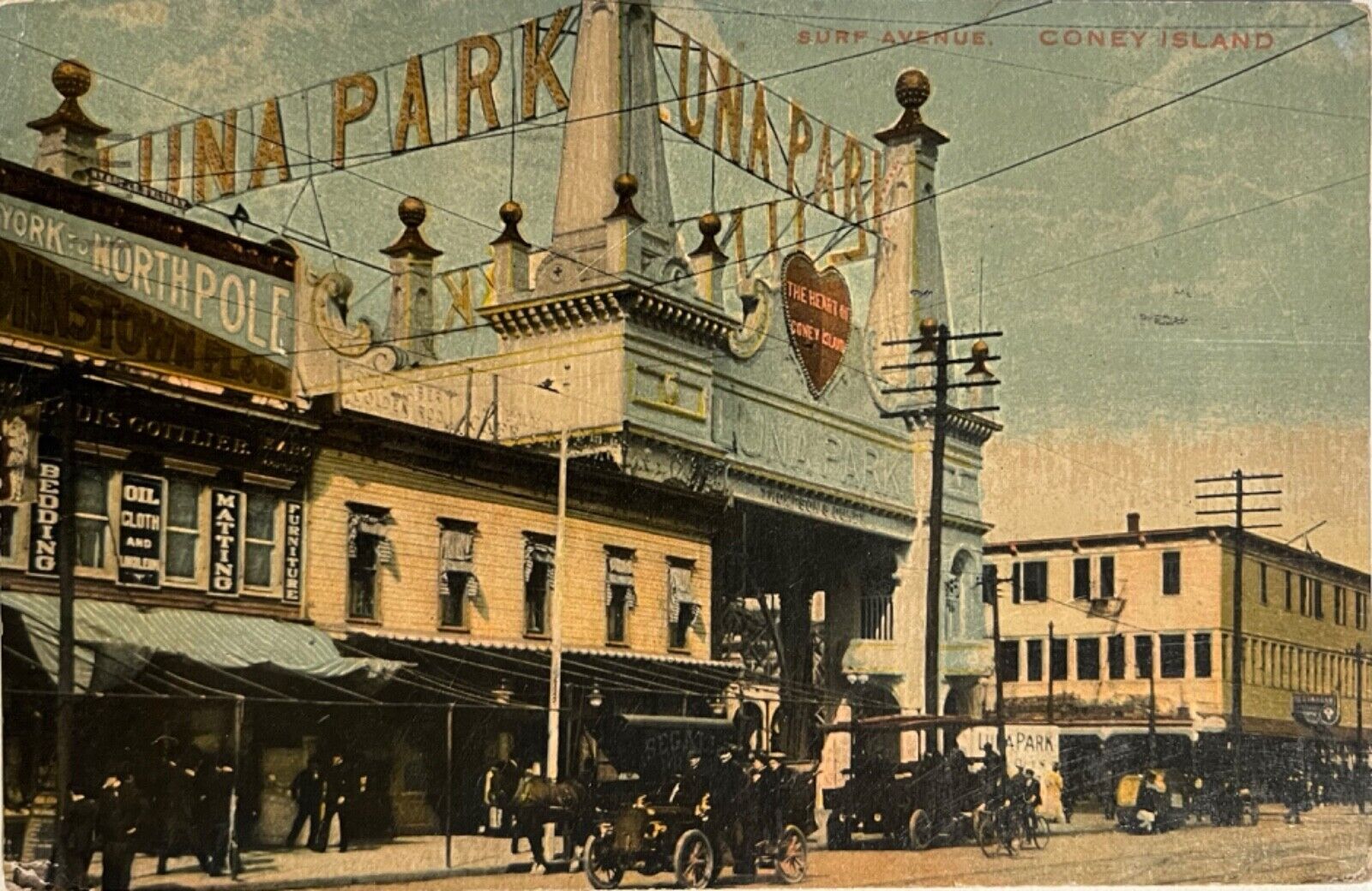 Coney Island Luna Park Surf Avenue Old Cars New York Antique Postcard c1910