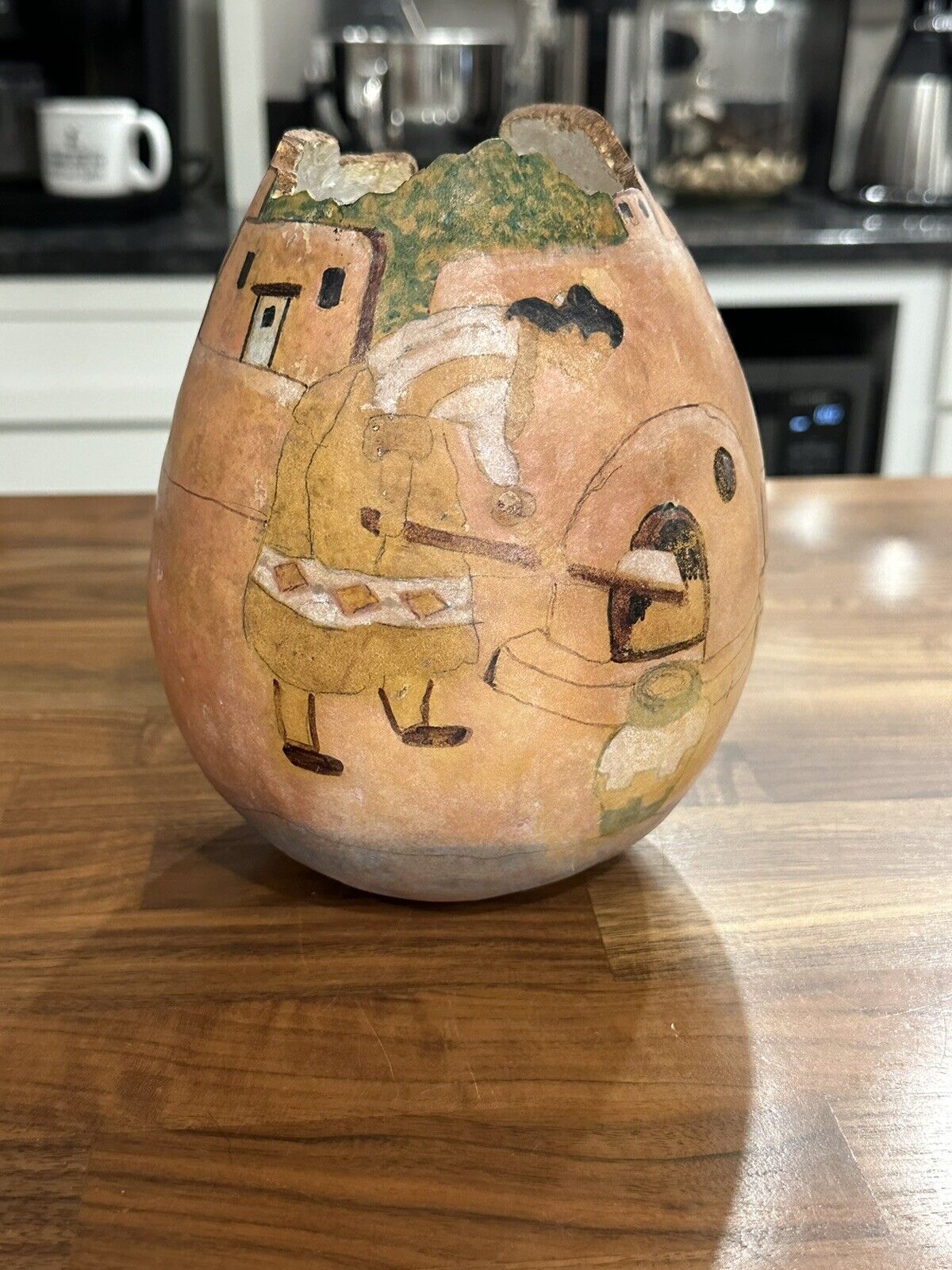 Vintage Handpainted / Handcarved Cultural Gourd Vase Artist Signed