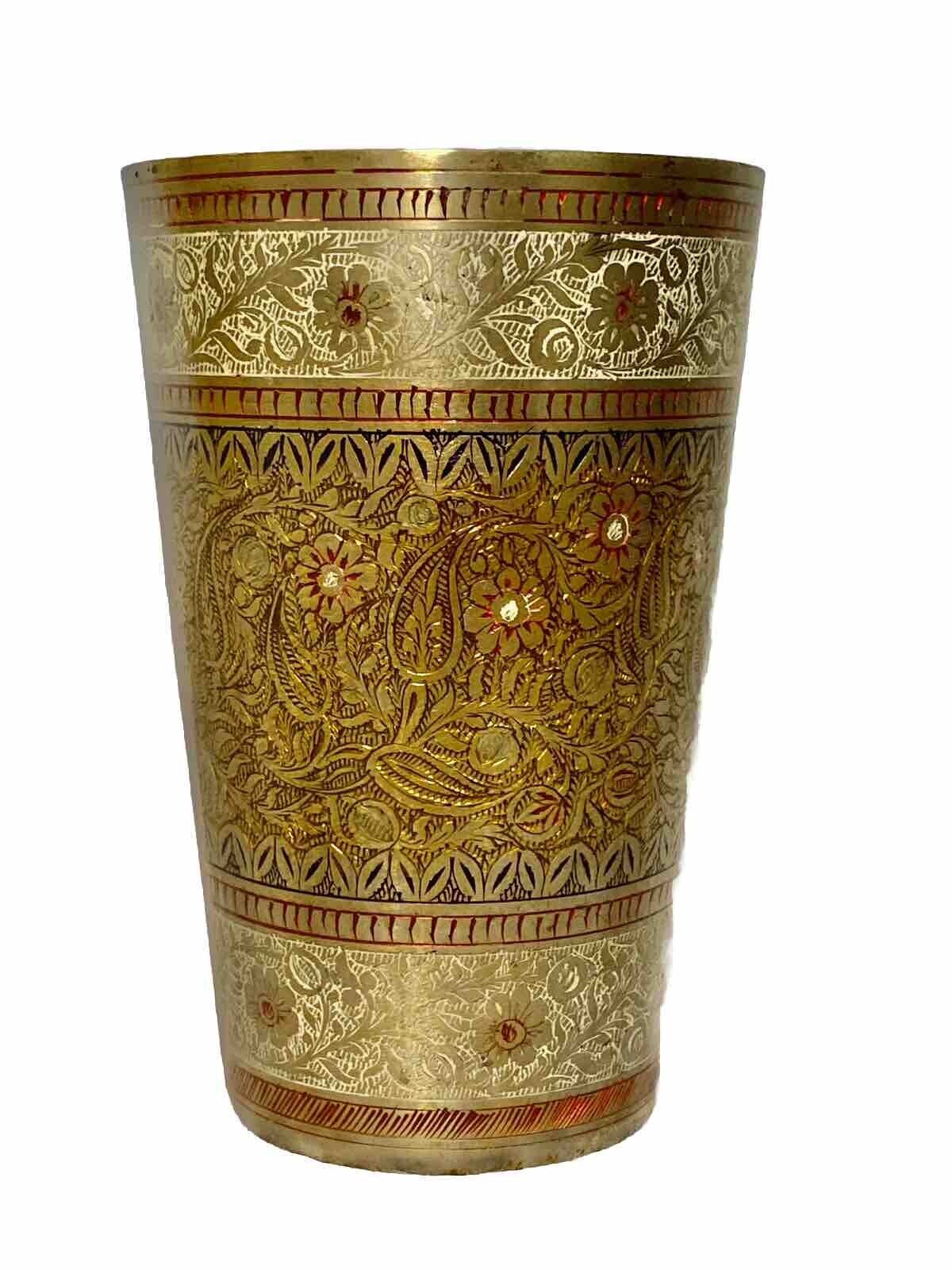 Vintage Brass Floral Engraved Etched Painted Lassi Cup Tumbler Made In India