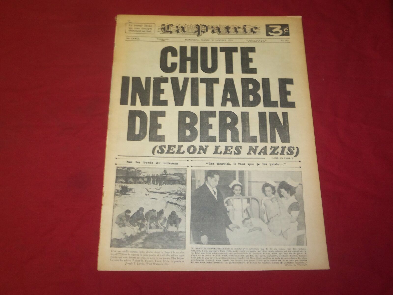 1945 JANUARY 30 LA PATRIE NEWSPAPER-FRENCH- CHUTE INEVITABLE DE BERLIN - FR 1810