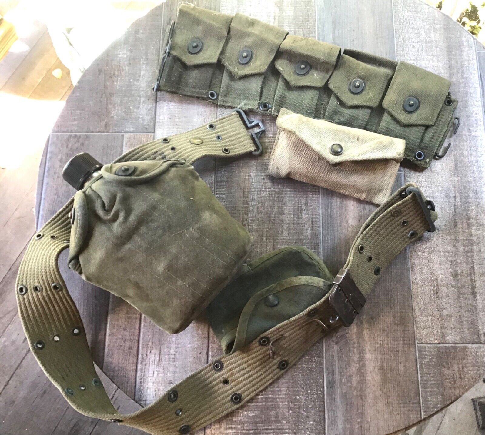 Korean War canteen with cup belt + WW2 partial cartridge belt w. Medic ? pouch