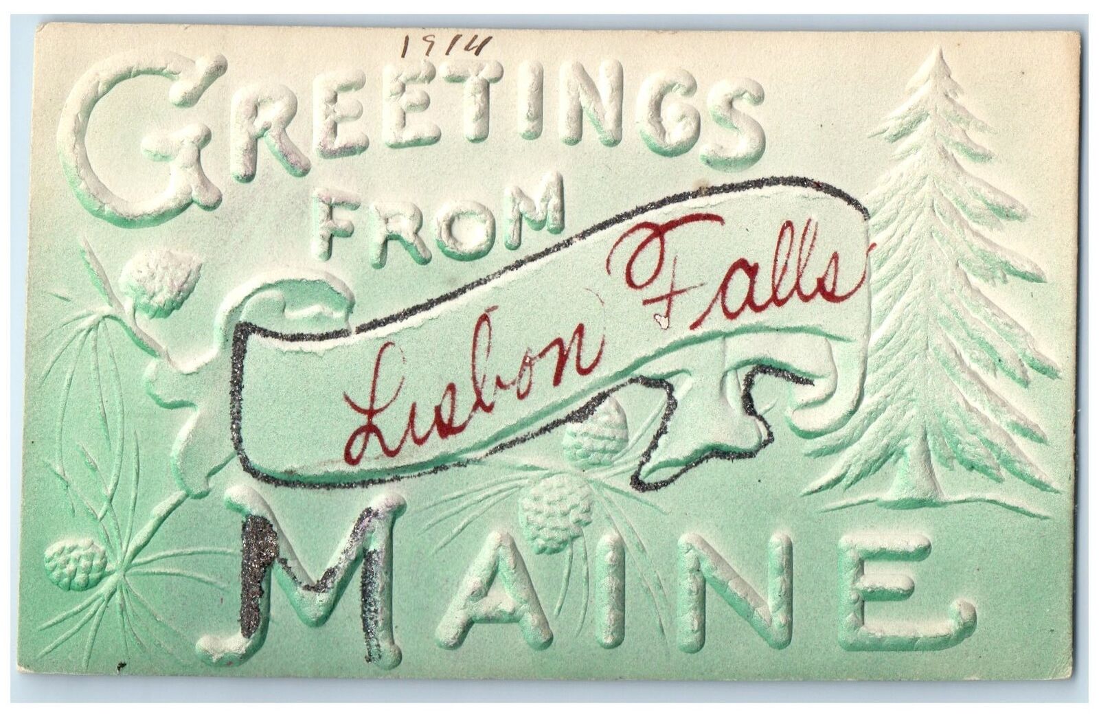 1914 Greetings From Lisbon Falls Christmas Tree Maine Embossed Antique Postcard