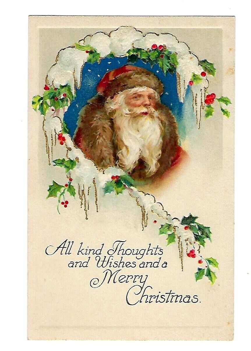 1927 Christmas Postcard Santa With Brown Fur On the Hood and Jacket Embossed