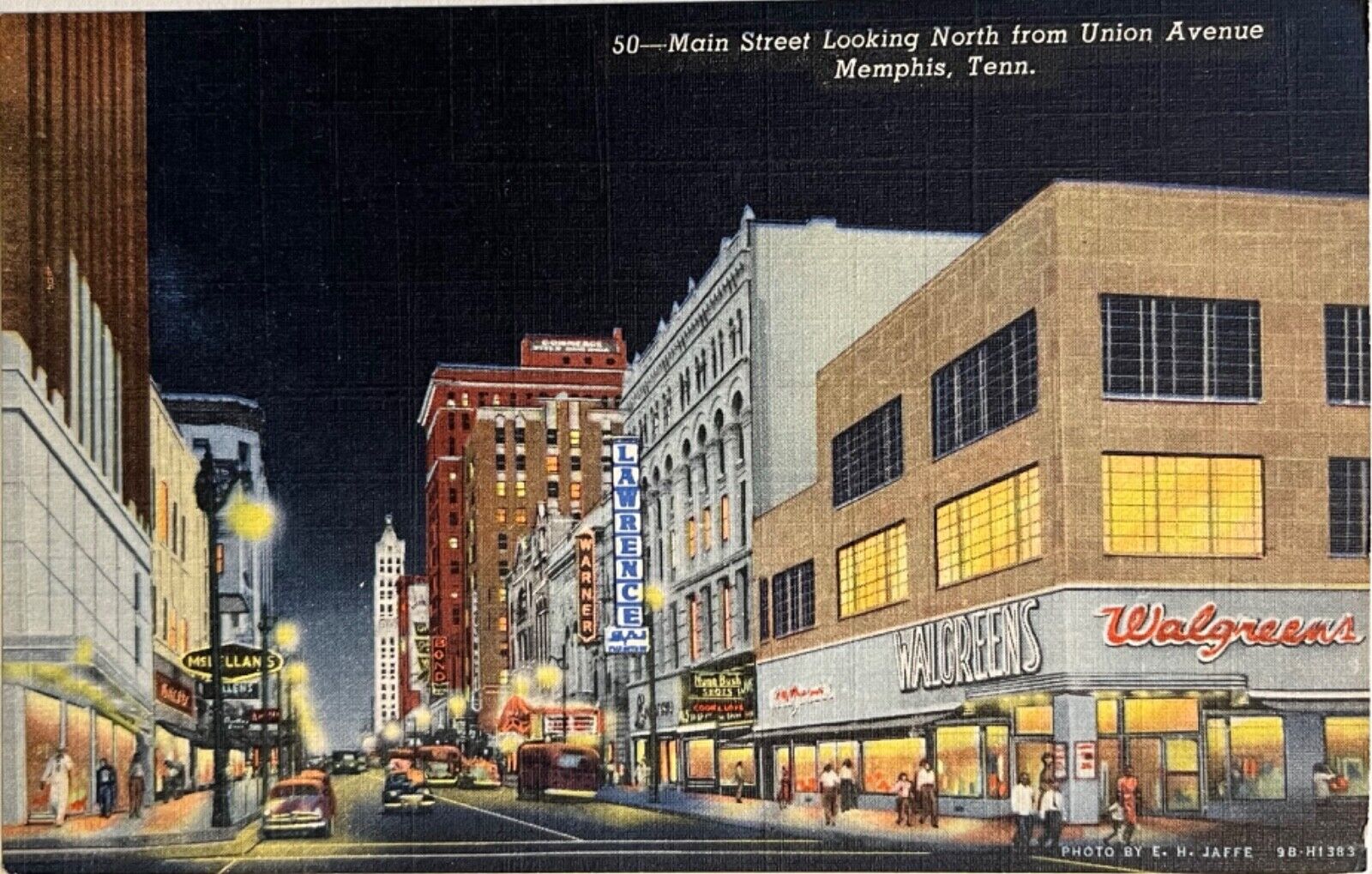 Memphis Main Street Night View Tennessee Postcard c1940